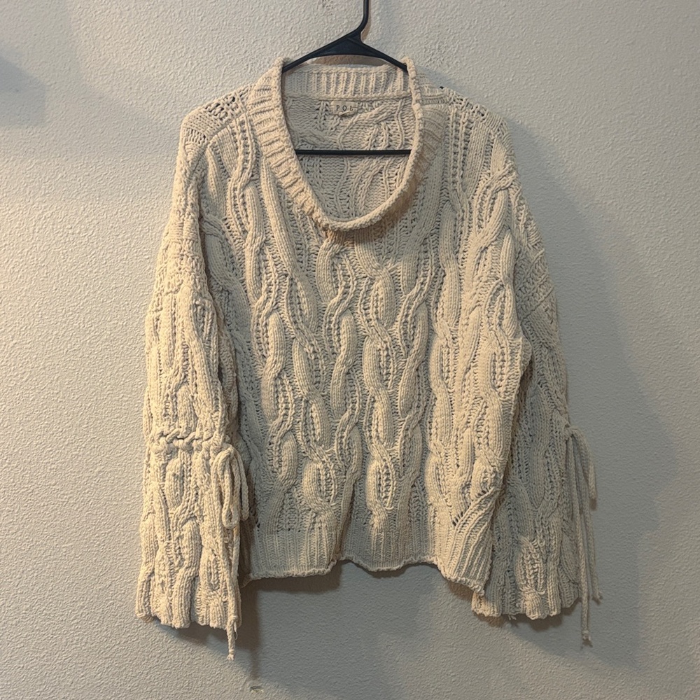 POL Cream Cable-Knit Crewneck Sweater with Sleeve Ties